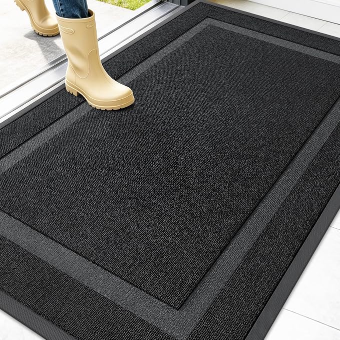 OLANLY Front Door Mat Outside 47x32, All-Season Heavy-Duty Rubber Doormat | Jet Black, Absorbent, Stain Fade Resistant, Waterproof Non-Slip Backing, Low-Profile Indoor Outdoor Floor Mat for Entryway