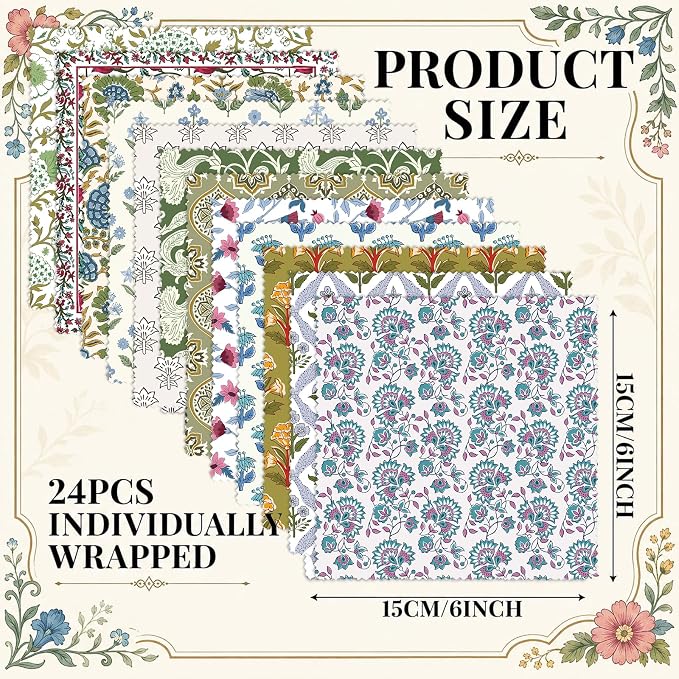 Copkim 24 Pcs 6 x 6 Inch Glasses Cleaning Cloth,Block Print | Elegant Flowers Design, Block Print Multicolor Microfiber Lens Wipe, Reusable Eyeglasses Wipe, Camera Len Cell Phone Screens