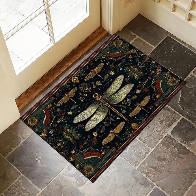 Vintage Dragonfly Laundry Room Mat 23.6 x 19.6 Inch, Dark Teal Botanical Non-Slip Washer Dryer Floor Rug for Entryway, Kitchen and Bathroom (Dark Green)