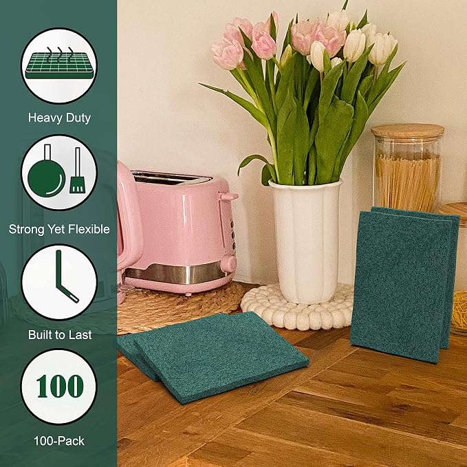 100-Pack Heavy Duty Green Scouring Pads 4x6 Inch | Reusable Non-Scratch Scrub Pads for Kitchen, Dishes, Pots, Pans, Grills & Household Cleaning | Multipurpose Scrubbers for Tough Stains