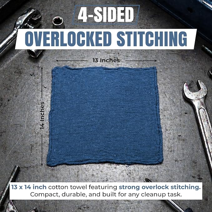 Premium Blue 100% Cotton Shop Towels, 12 Pack, 13”x14”, Reusable Cleaning Shop Rags, Absorbent Mechanic Rags for Automobiles, Oil, Grease, Car Washing, Industries, Garage, Bar & Home Use
