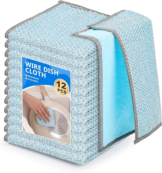 12Pack Multipurpose Wire Dishwashing Rags, Upgrade Non Scratch Wire Dishcloth, for Wet and Dry Use, Reusable Metal Scrubbing Microfiber Clean Cloths for Home/Kitchen/Stove(Blue)