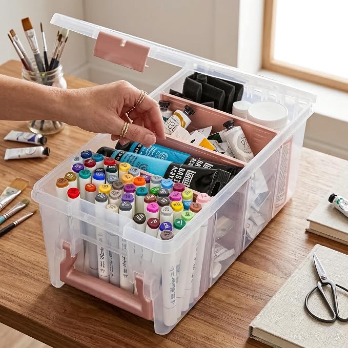 ArtBin Semi Satchel Portable Craft Organizer with 3 Dividers - Clear Plastic Storage Case for Art & Craft Supplies | 3 Removable Dividers, 15.2 x 8 x 6.2 Inches, Secure Latches, Carry Handle, Clear Durable Polypropylene