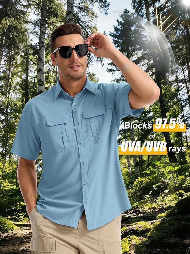 Mens Short Sleeve Fishing Shirt Sun Protection Quick Dry Lightweight | Breathable Fabric, Multi Pockets, for Fishing Safari Hiking Hunting Camping Outdoor Work Casual Wear