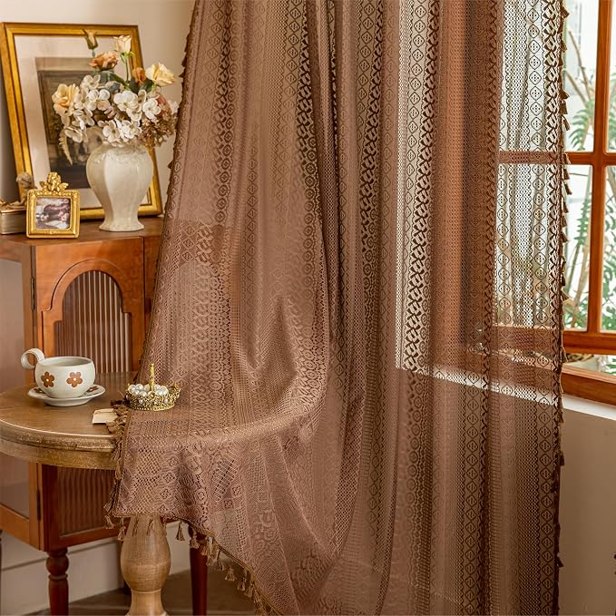 Sutuo Home Dark Coffee Boho Curtains 84 inches Long for Bedroom Living Room, Lace Sheer Bohemian Tassels Vintage Chic Crochet Privacy Window Curtains Drapes Farmhouse Decor, Rod Pocket 1 Panel 59" W
