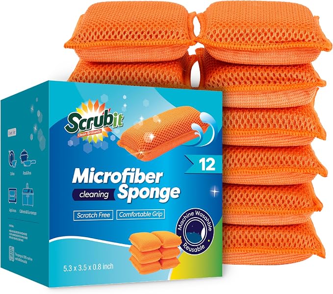 SCRUBIT Reusable Sponges for Dishes - 12 Pack Microfiber Sponges Kitchen Dish Scrubber, Machine Washable & Non-Scratch Scrubbers (Orange)