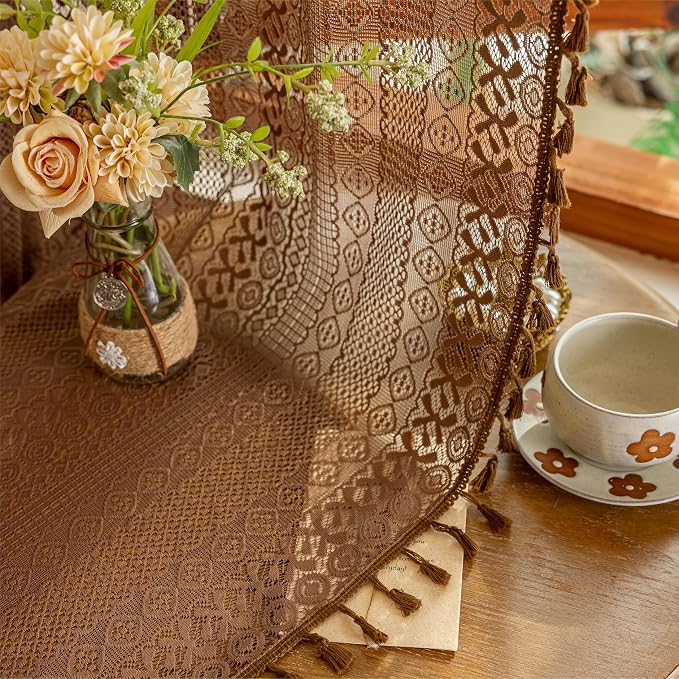Sutuo Home Dark Coffee Boho Curtains 84 inches Long for Bedroom Living Room, Lace Sheer Bohemian Tassels Vintage Chic Crochet Privacy Window Curtains Drapes Farmhouse Decor, Rod Pocket 1 Panel 59" W