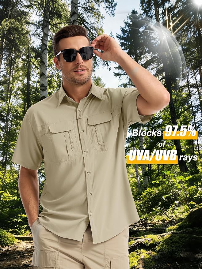 Mens Short Sleeve Fishing Shirt Sun Protection Quick Dry Lightweight | Breathable Fabric, Multi Pockets, for Fishing Safari Hiking Hunting Camping Outdoor Work Casual Wear