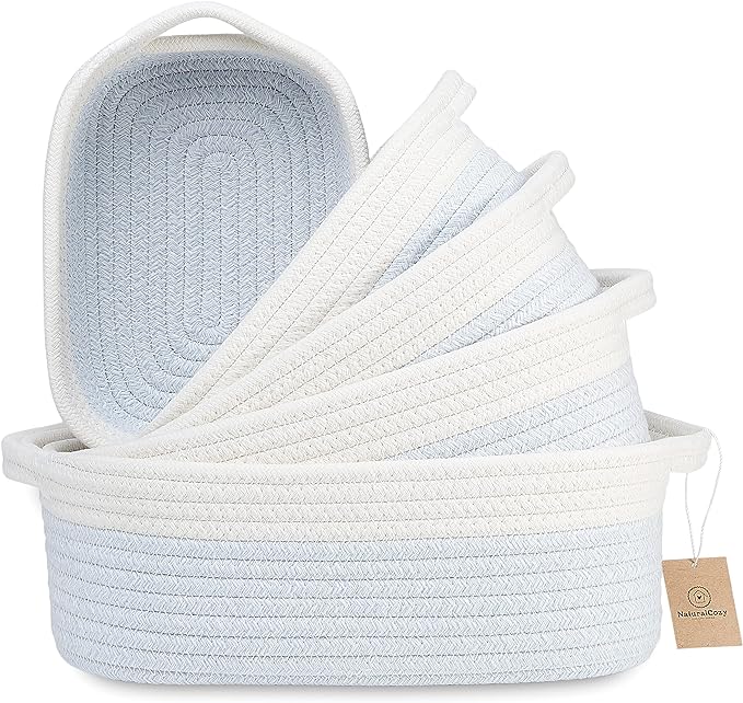 NaturalCozy 5-Piece Rectangle Storage Basket Set- Natural Cotton Rope Woven Baskets for Organizing! Small Basket for Montessori, Baby Nursery, Dog Toy Baskets, Cat Toy Box, Bathroom Organization Bin