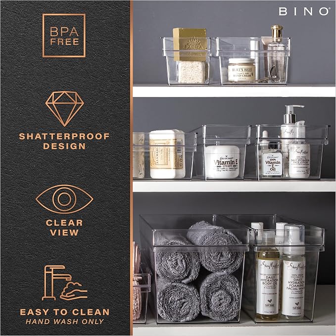 BINO | Plastic Storage Bins, Large - Shallow | THE HANDLER COLLECTION | Multipurpose Organizer Bins | Kitchen Pantry Organizers and Storage | Clear Containers for Organizing Home | Freezer Organizer