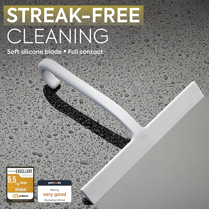 Shower Squeegee for Glass Doors, 10″ White with No-Drill J-Hook | Hang Anywhere Without Adhesive, Seamless One-Piece Silicone, Encased Steel Core, Streak-Free Shower Squeegee for Glass & Tile