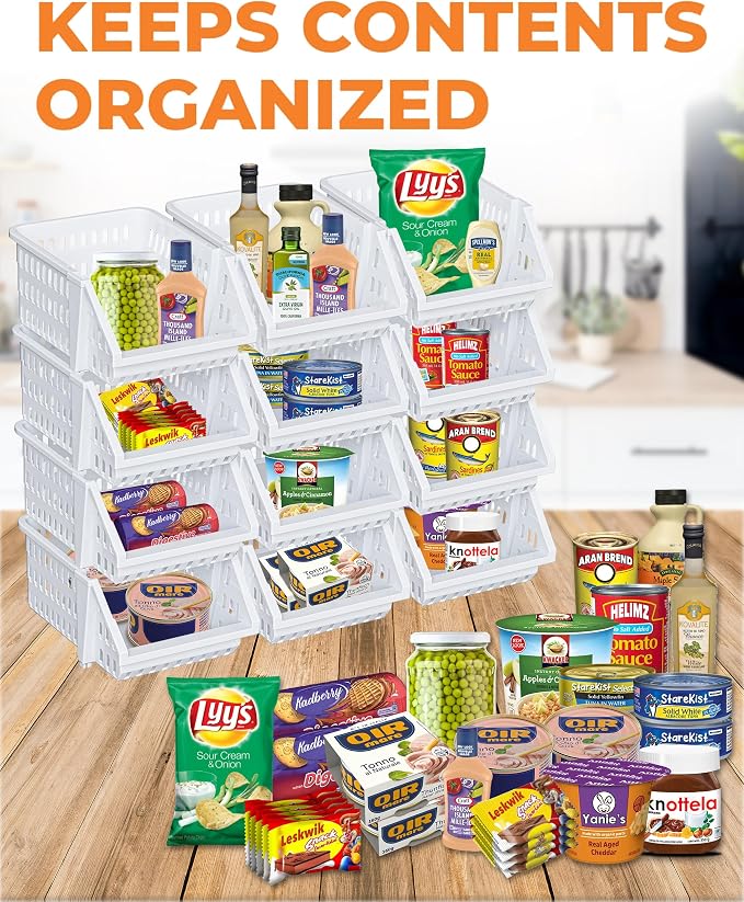 Small Stackable Storage Bins Open Front for Pantry Storage, 8 Pack - White | Sturdy Plastic, Easy Stacking, Open Front Access, Ventilated Sides, Vertical & Space Saving Pantry Organizers and Storage Bin