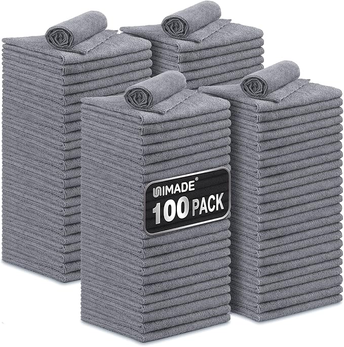 Microfiber Cleaning Cloth, 100 Pack Microfiber Towels for Cars | Commercial Grade Work Rags Bulk Detailing Cloth for Automotive Bar Mechanic Garage Housekeeping, 11.5"x 11.5", Grey