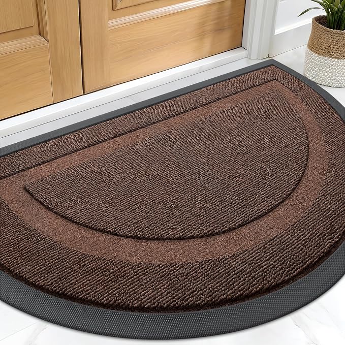 OLANLY Half Circle Front Door Mat Outside 29.5x17 All-Season Rubber Doormat | Chocolate Brown, Absorbent, Heavy-Duty, Stain and Fade Resistant, Non-Slip Backing, Low-Profile Indoor Outdoor Entryway Mat