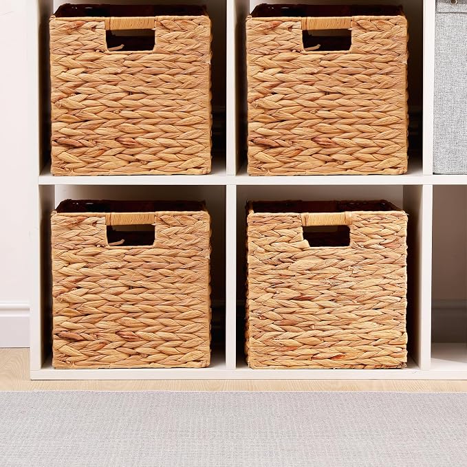 LYJWOO6D Water Hyacinth Storage Baskets 11x11x11 Inch Set of 2 | Handwoven Foldable Wicker Cubes with Sturdy Handles, Rustic Laundry Organizer for Bedroom Shelves, Kitchen, Bathroom