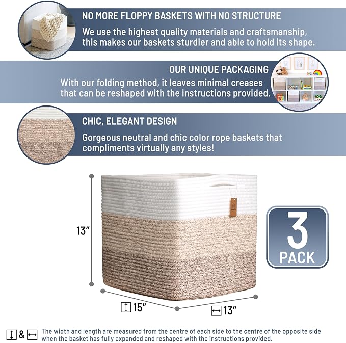 NaturalCozy 13x15x13 Kallax Storage Cubes Bins, 3 Pack | Cotton Rope Cube Storage Bin Woven Baskets for Organizing | Kallax Insert Storage Baskets for Shelves Organizer, Kids Toy, Closet Baby Nursery