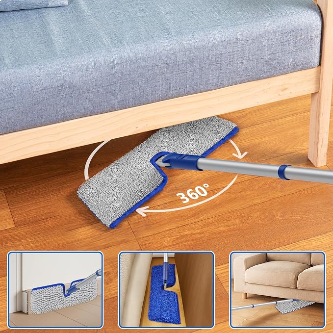 2-Sided Microfiber Dust Mop for Hardwood Floors & Walls | Flat Flip Head, Wet Dry Use, 3 Chenille & Microfiber Pads, 58" Handle, 360° Swivel, Sweep Pet Hair, Tile, Laminate, Kitchen