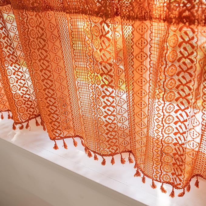 Sutuo Home Boho Valance Short Curtains for Kitchen Crochet Lace Sheer Bohemian Hollow Knitted with Tassels, Privacy Vintage Rustic Farmhouse Drapes, Rod Pocket 1 Panel 59" W x 18" L, Orange