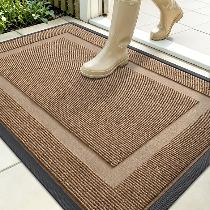 OLANLY Front Door Mat Outside 35x23, All-Season Heavy-Duty Rubber Doormat | Light Brown, Absorbent, Stain Fade Resistant, Waterproof Non-Slip Backing, Low-Profile Indoor Outdoor Floor Mat for Entryway