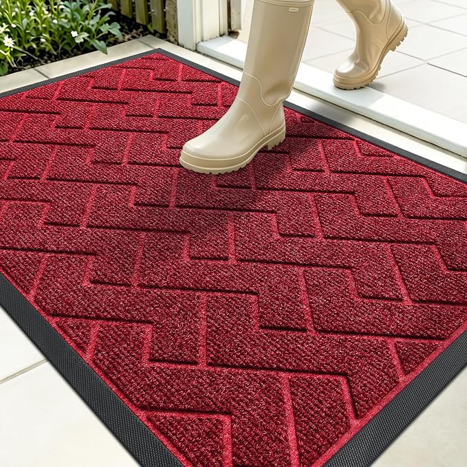 OLANLY Front Door Mat Outside 35x23, All-Season Absorbent Rubber Doormat | Wine Red, Heavy-Duty, Stain Fade Resistant, Waterproof Non-Slip Backing, Low-Profile Indoor Outdoor Floor Mat for Entryway