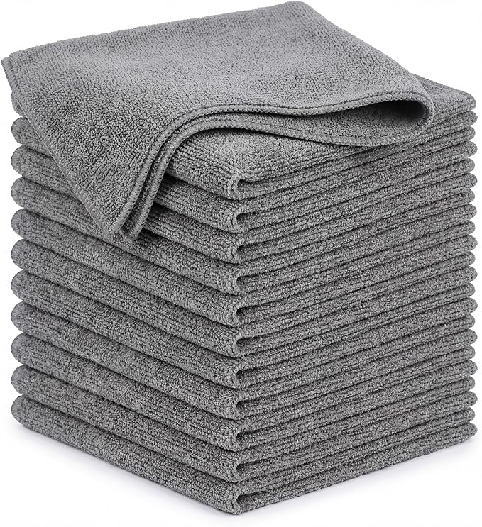 POPCHOSE Microfiber Cleaning Cloth, 12 Pack Super Absorbent Towels for Cars | Lint Free, Streak Free, Soft Towels for Car Detailing, Household, Kitchen, Bath Room, Glass & Tools, Grey
