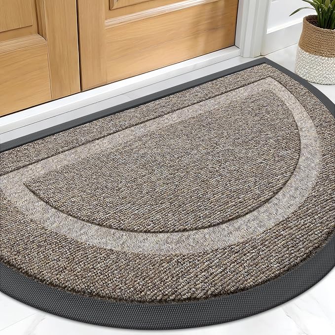 OLANLY Half Circle Front Door Mat Outside 33x21 All-Season Rubber Doormat | Khaki and White, Absorbent, Heavy-Duty, Stain and Fade Resistant, Non-Slip Backing, Low-Profile Indoor Outdoor Entryway Mat