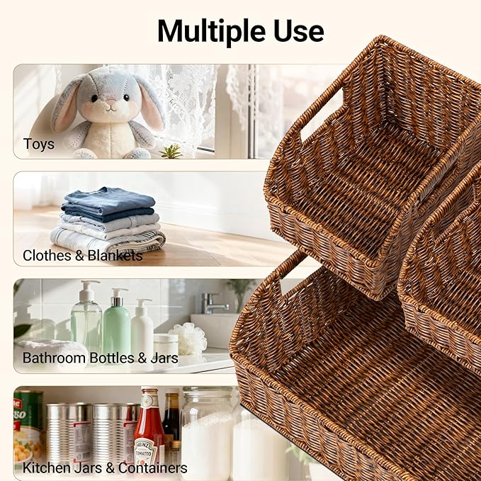 Brownlily Faux Wicker Pantry Storage Baskets, Brown-Single Set (3-Piece) | Handwoven Baskets for Organizing with Built-in Handles, All-Purpose Storage Baskets with Chalkboard for Shelves,Laundry Room