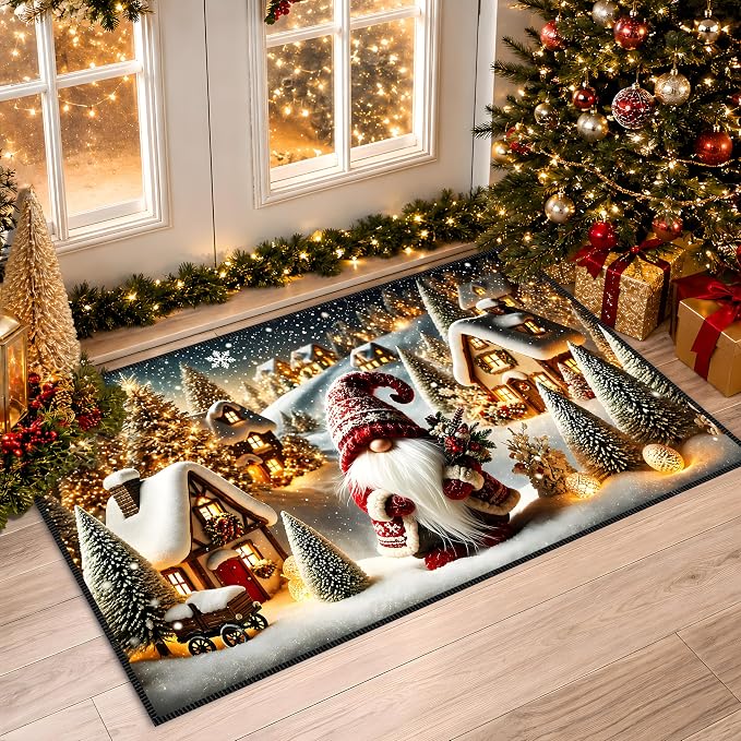 Christmas Gnome Area Rug 15.7x23.6 Inch, Faux Cashmere Non Slip Floor Mat, Snowy Village Holiday Rug for Entryway Bedroom Kitchen (Snowfield Gnomes, 15.7x23.6inch)