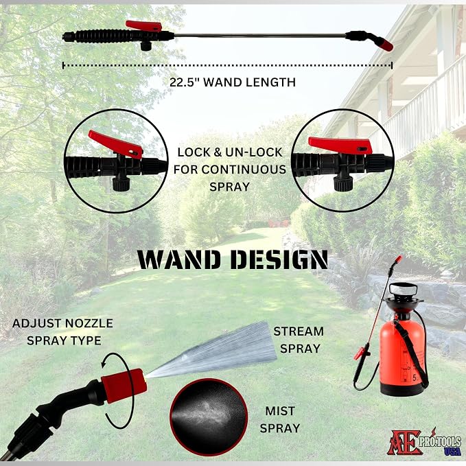 ATE Pro. USA - 1-1/4 Gallon Pump Pressure Sprayer, Garden Sprayer, Pressurized Lawn & Garden Spray Bottle, 4 ft. Hose Spray Gun, Adjustable Shoulder Strap