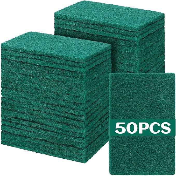 Hoolerry 50 Pcs Non Scratch Scouring Pads for Kitchen Dish,Green | Reusable Anti Grease Scrubbers, for Pan Metal Grills Cookware, Household Cleaning Dishwashing, 4.3 x 3 x 0.3 Inch Size