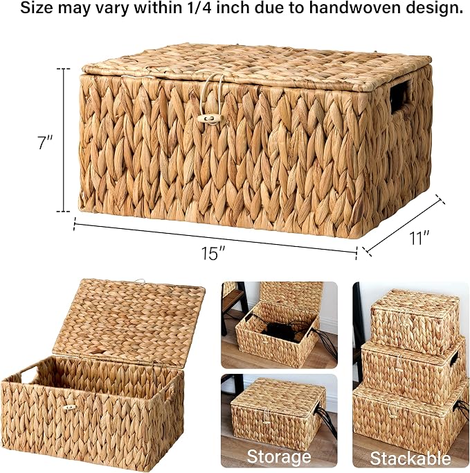 StorageWorks Wicker Basket with Lid, Storage Baskets with Lids, Hyacinth | Woven Baskets with Lids for Shelves, Wicker Storage Baskets with Lids, Lidded Baskets for Organizing, Large, 1 Pack