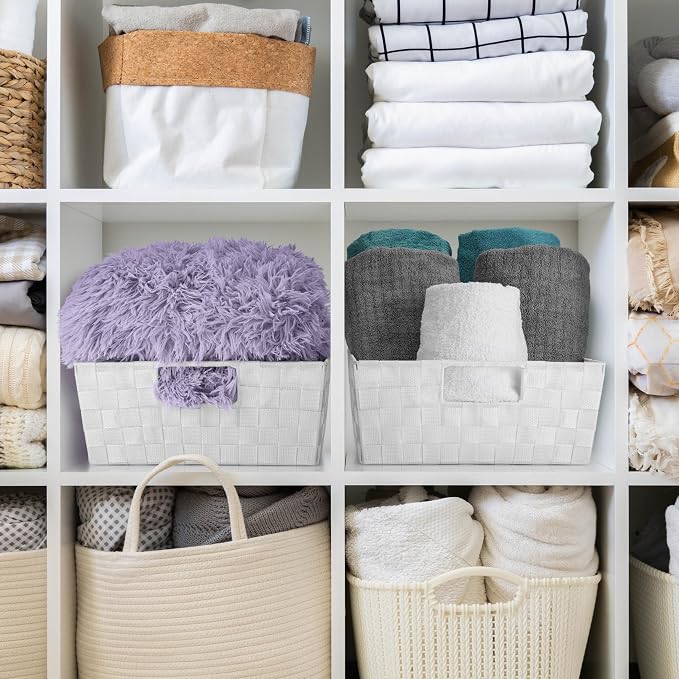 Sorbus Baskets for Organizing, Woven Storage Set (Set of 3, White) | Carry handles, mesh construction and metal frame support fabric bins for linen closets, shelves and home decor.