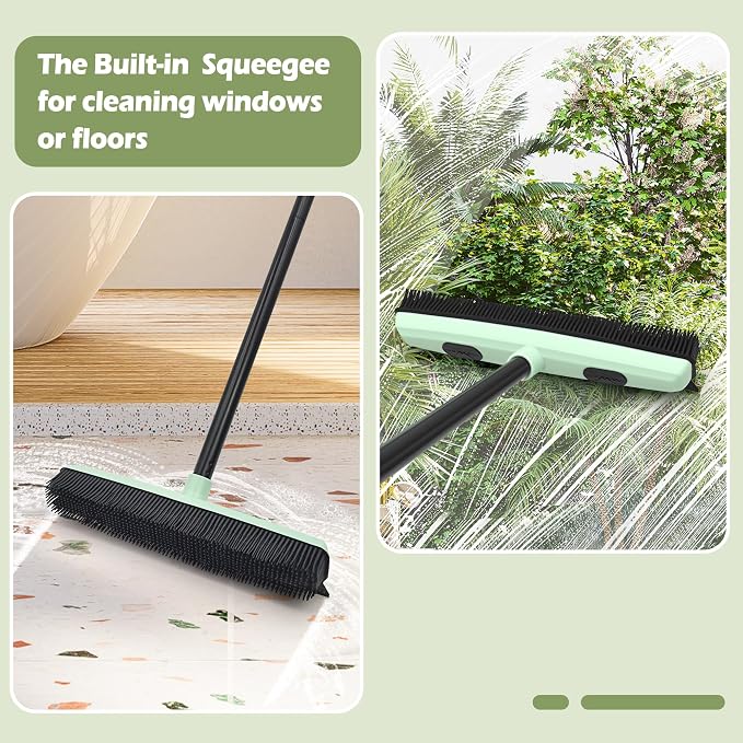 Upgraded Rubber Broom Pet Hair Remover with Squeegee 57.9'' Carpet Rake Fur Sweeper Small Detailing Lint Brush to Fluff Carpet Rug Tile Hardwood Floor