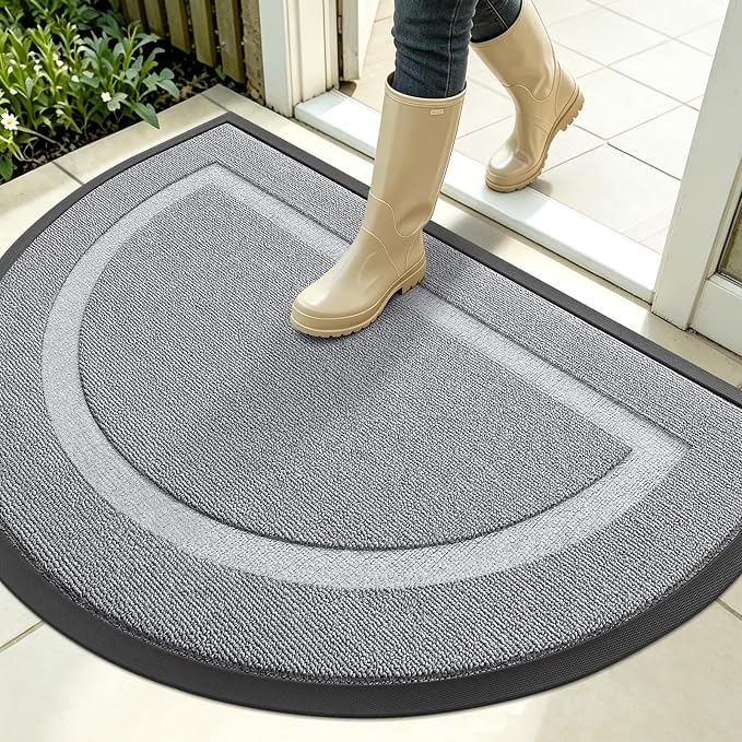 OLANLY Half Circle Front Door Mat Outside 35x23 All-Season Rubber Doormat | Ash Gray, Absorbent, Heavy-Duty, Stain Fade Resistant, Waterproof Non-Slip Backing, Low-Profile Indoor Outdoor Entryway Mat