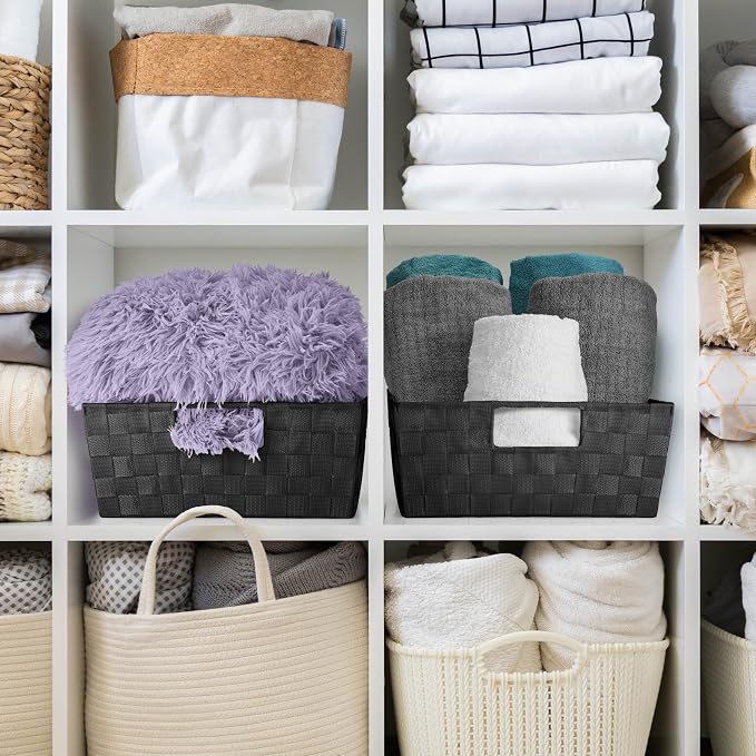 Sorbus Baskets for Organizing, Woven Storage Set (Set of 3, Black) | Carry handles, mesh construction and metal frame support fabric bins for linen closets, shelves and home decor.