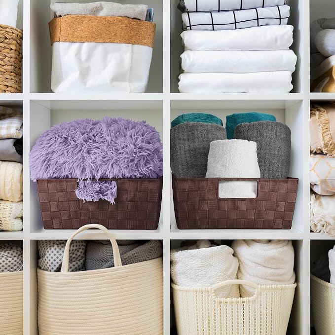 Sorbus Baskets for Organizing, Woven Storage Set (3 Piece Set, Chocolate) | Carry handles, mesh construction and metal frame support fabric bins for linen closets, shelves and home decor.