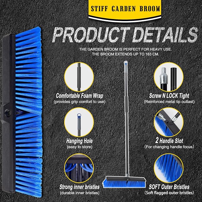 18 Inches Outdoor Push Broom Heavy Duty Shop Broom with 63" Long Handle for Deck Driveway Garage Yard Patio Concrete Floor Cleaning(Blue)
