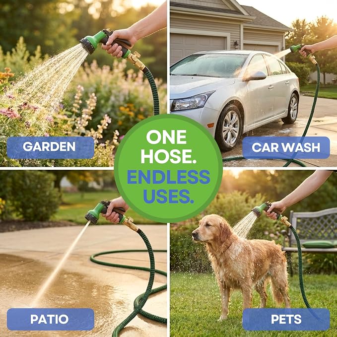 J&B XpandaHose 50ft Expandable Garden Hose, Lightweight, Brass Connectors | Ultra Strong 3750D fabric, 4-layer latex core, expands 3X, kink & leak-resistant, 10-pattern nozzle, storage bag