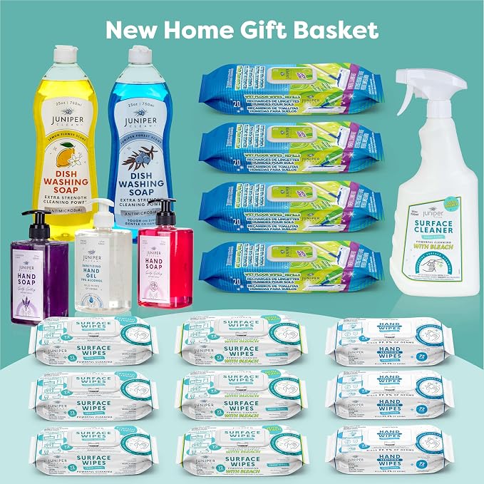 Juniper CLEAN, Luxury Cleaning, Supplies Kit, All In One Household Cleaning Essentials Set with Surface-Floor-Hand Cleaners, Laundry Detergent, Dish Soap, Nice Gift for New Homeowners