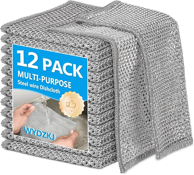 12Pack Multipurpose Wire Dishwashing Rags, Upgrade Non Scratch Wire Dishcloth, Silver Mesh Dish Cloths, Reusable Metal Mesh Cleaning Cloths, Steel Scrub Rags for Kitchen/Stove/Oven/Bath