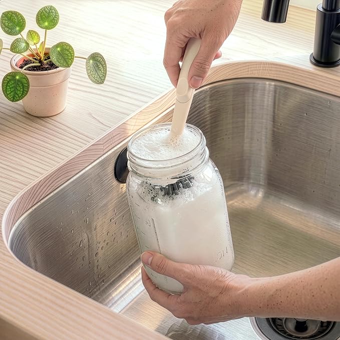 Earth & Mango Magnetic Dish Brush & Scraper, Snaps to Sink, Warm Sand Beige