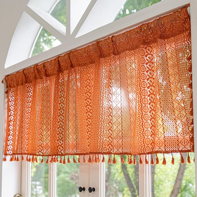 Sutuo Home Terracotta Boho Curtains Crochet Sheer Bohemian Hollow Knitted with Tassels, Valance Short Tier Privacy Vintage Rustic Farmhouse Drapes for Kitchen, Rod Pocket 1 Panel 59" W x 24" L, Orange