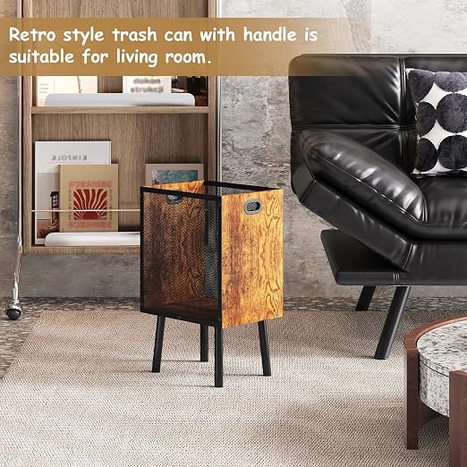 Office Garbage Can, Iron and Wood Office Trash Can with Legs, 4.5 Gallon Rectangular Design Wastebasket with Handle, Industrial Style Trash Can for Bathroom, Laundry Room, Kitchen, Office, Dorm