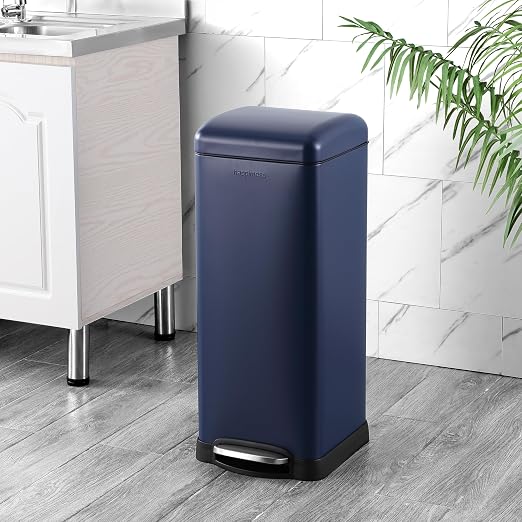 happimess Betty 8 Gal Step Trash Can Soft-Close Lid, Denim Blue | Removable Liner, Semi-Rectangular, Steel Pedal, Iron Powder Coated, 27" Height, Non-Skid Base