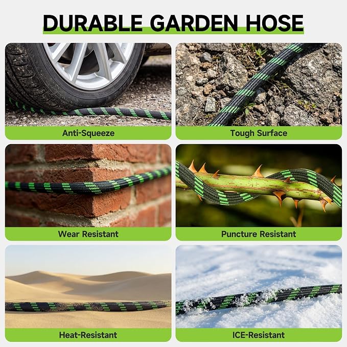 Garden Hose 50 ft Flexible Water Hose Non-Expanding Lightweight Kink-Free Hoses Durable Leak-Proof High Pressure Pipe with 3/4” Brass Fitting 10 Function Nozzle for Outdoor Yard Lawn Car Wash