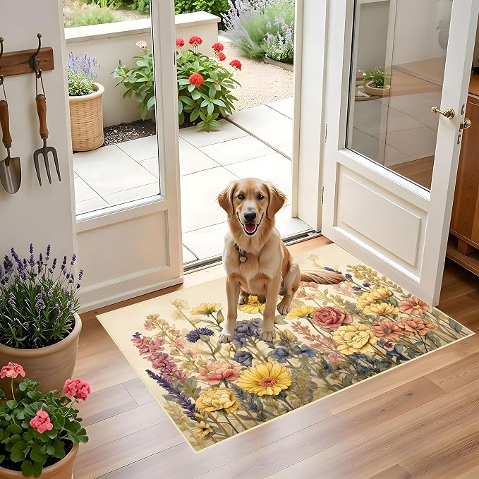 Vintage Floral Faux Cashmere Area Rug 15.7 x 23.6 Inch, Non-Slip Mat (Light Yellow)