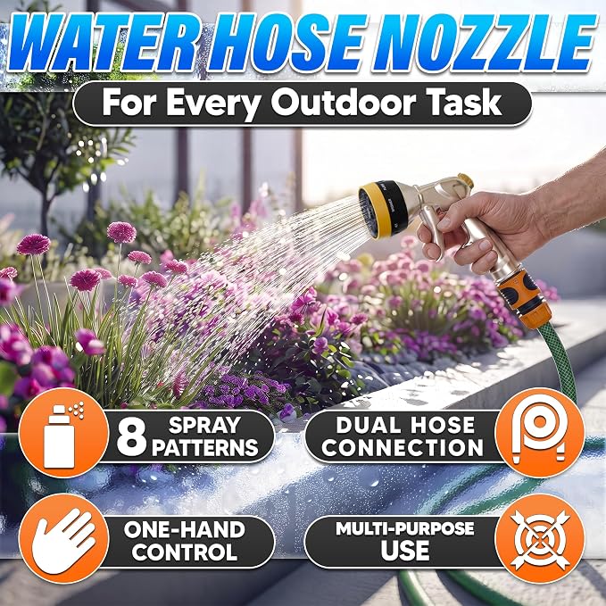Metal Garden Hose Nozzle High Pressure, 8 Spray Patterns, Lock Clip | Heavy Duty Hose Nozzle for Garden Watering, Car Washing, Patio Cleaning, Leak Proof Gasket and Hands-Free Spraying