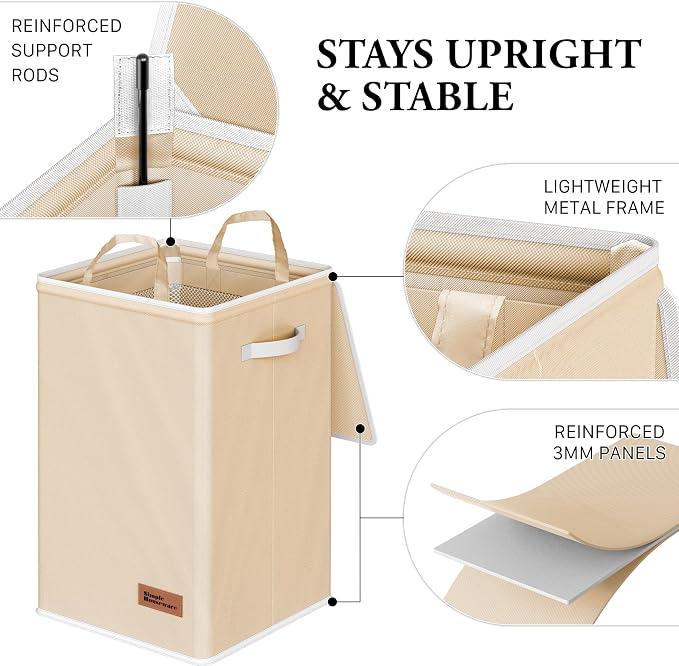 Simple Houseware Foldable Laundry Hamper Basket with Lid and Bag, Beige | Heavy Duty 600D Polyester, Water-Resistant Surface