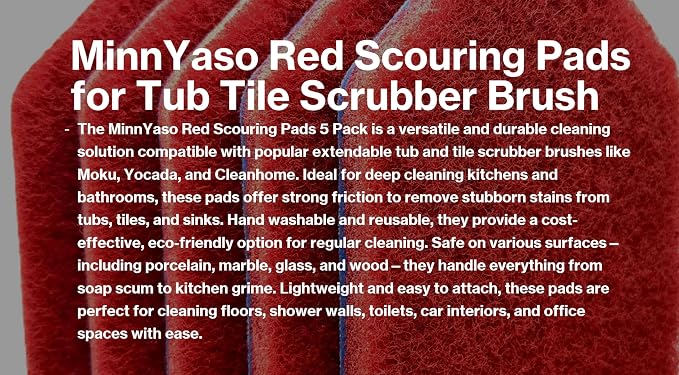 Red Scouring Pads, Fit Extendable Tub Tile Scrubber Brush | 5 Pack Scrub Pads Refill Replacement Pads for Cleaning Bathroom Kitchen Toilet Tile, Compatible Fit Moku, Yocada, Cleanhome
