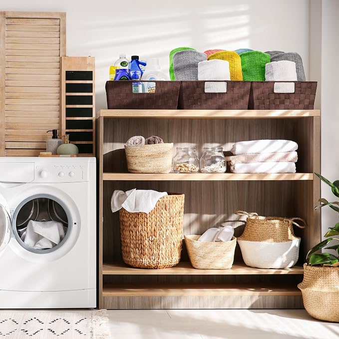 Sorbus Baskets for Organizing, Woven Storage Set (3 Piece Set, Chocolate) | Carry handles, mesh construction and metal frame support fabric bins for linen closets, shelves and home decor.